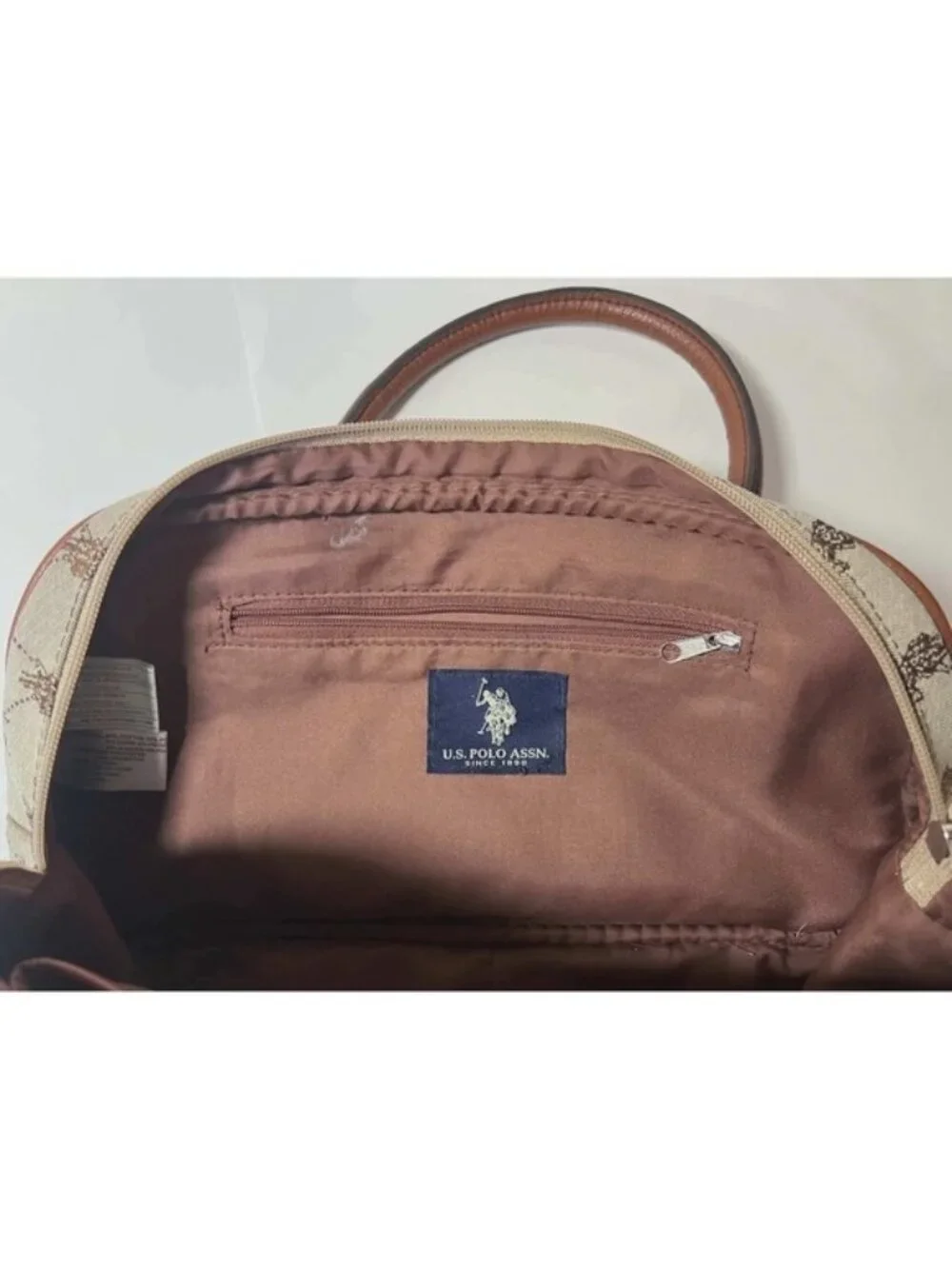 US Polo Assn Monogram Satchel Handbag Brown Canvas Faux Leather Horse Print Logo - Picture 3 of 13